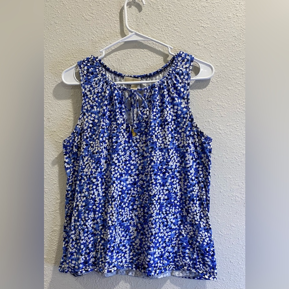 Michael Kors Blue Floral Sleeveless Tie Neck Blouse Medium